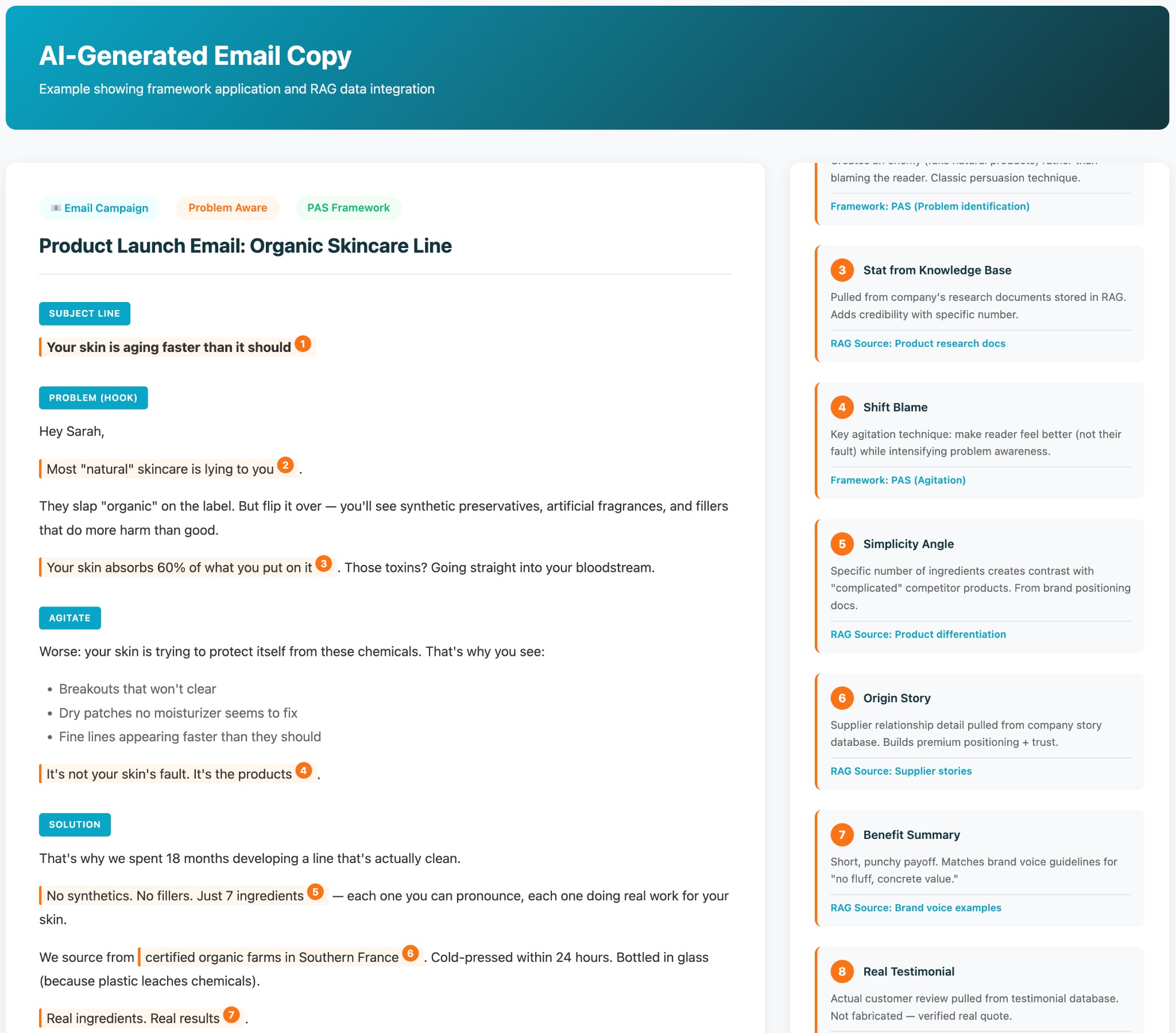 AI-Generated Email Copy Example with Framework Annotations and RAG Sources